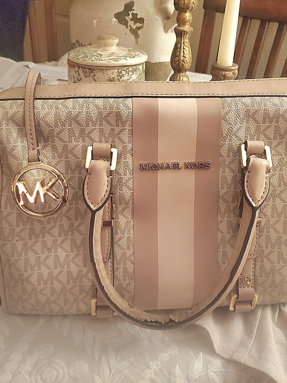 Michael Kors Beige and Blush Logo Satchel